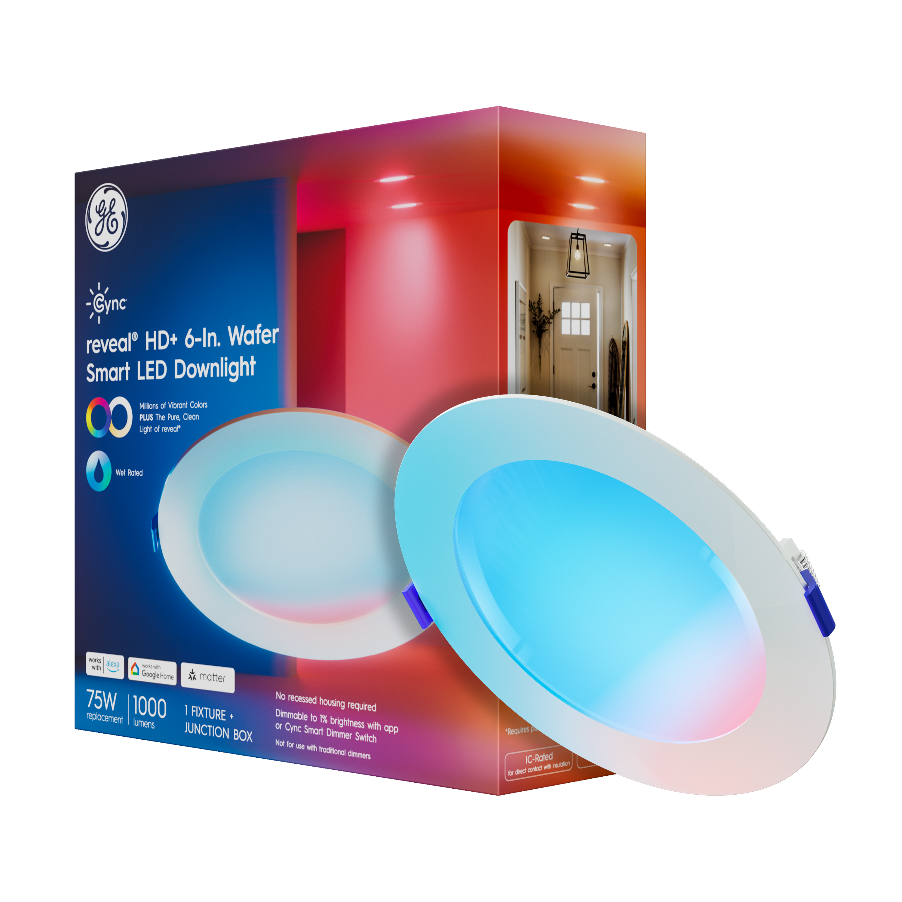 GE Cync reveal® Smart LED Wafer Downlight, Color Changing WiFi Light, Matter Compatible